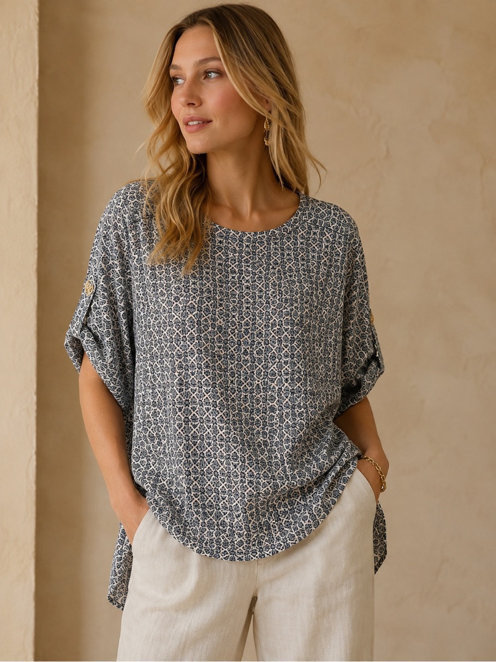 MICHAEL Michael Kors Navy and Cream Printed Short Dolman Tunic